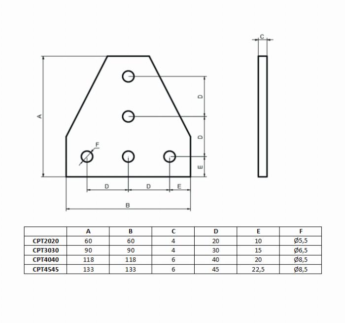 4040 T shaped connection plate in anodized aluminum with 5 holes