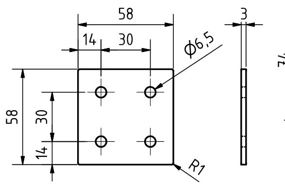 Square connector plate 58x58x3, Lasercut STEEL