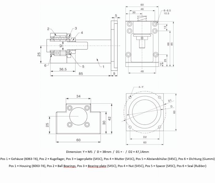 del apoyo fijo BF12-57 incl. soporte del motor NEMA23 en aluminio negro