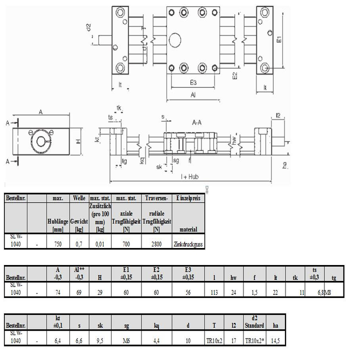 Drylin SLW-1040 Drive System Kit 10x2 Trapezoidal Threaded Spindle, 600mm Hub