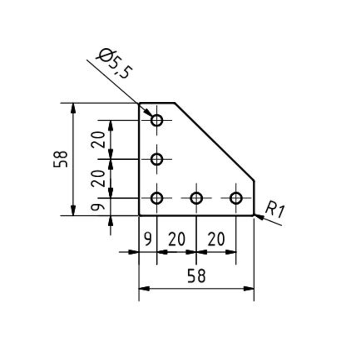 Placa de conexión en forma de L 58x58x3 cortada con láser
