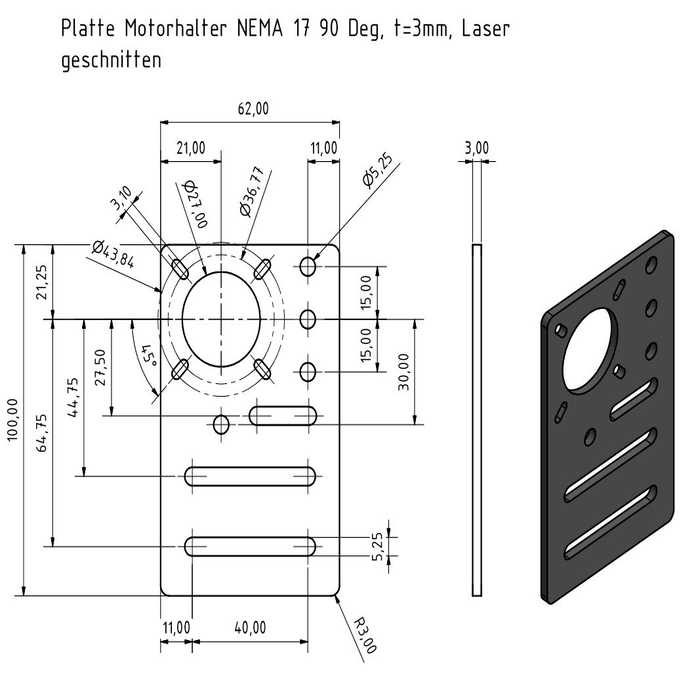 Plate engine mount NEMA 17 90 Deg, Laser cut, t=3mm
