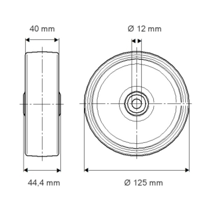 Transport wheel POM Ø125 bore hole 12