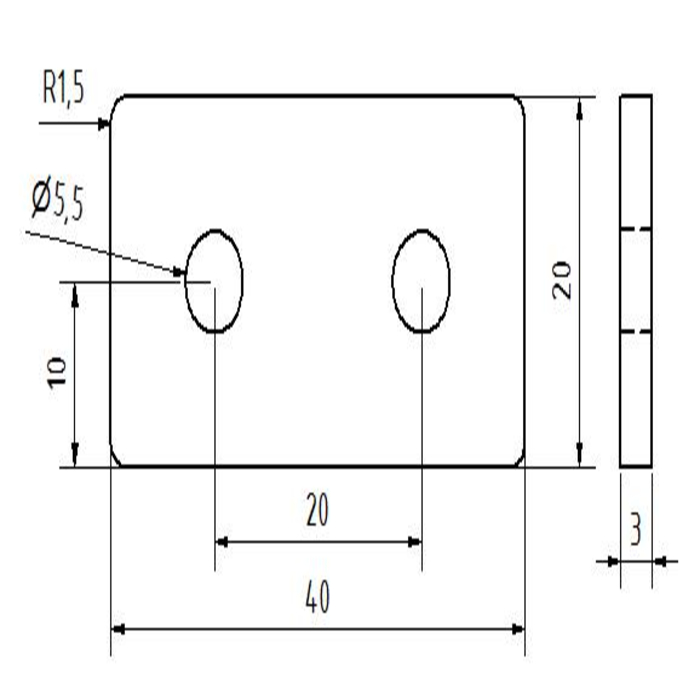 Placa de conexión de aluminio/acero con láser 20x40x3 2 agujeros 20s