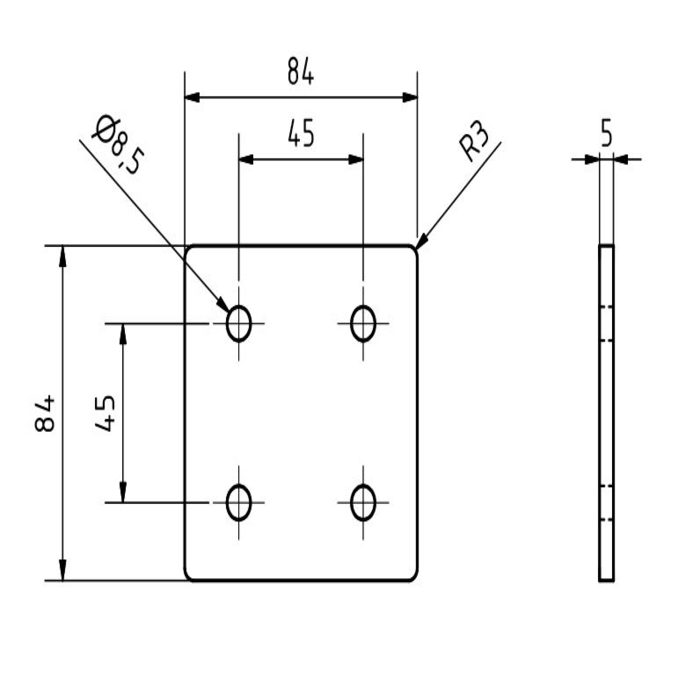 Placa de conexión cuadrada 84x84x5 cortada con láser