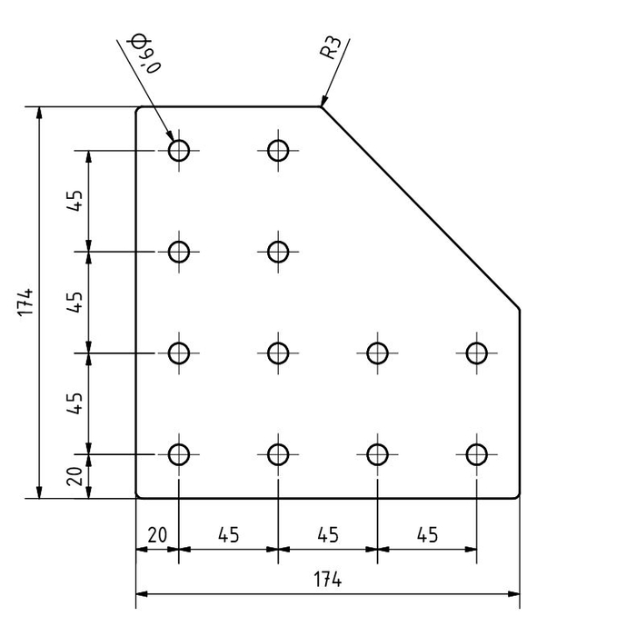 Placa de conexión en L 174x174x5 corte con láser