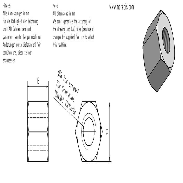 Trapezoidal nut ESKM TR10x2 right hexagonal steel